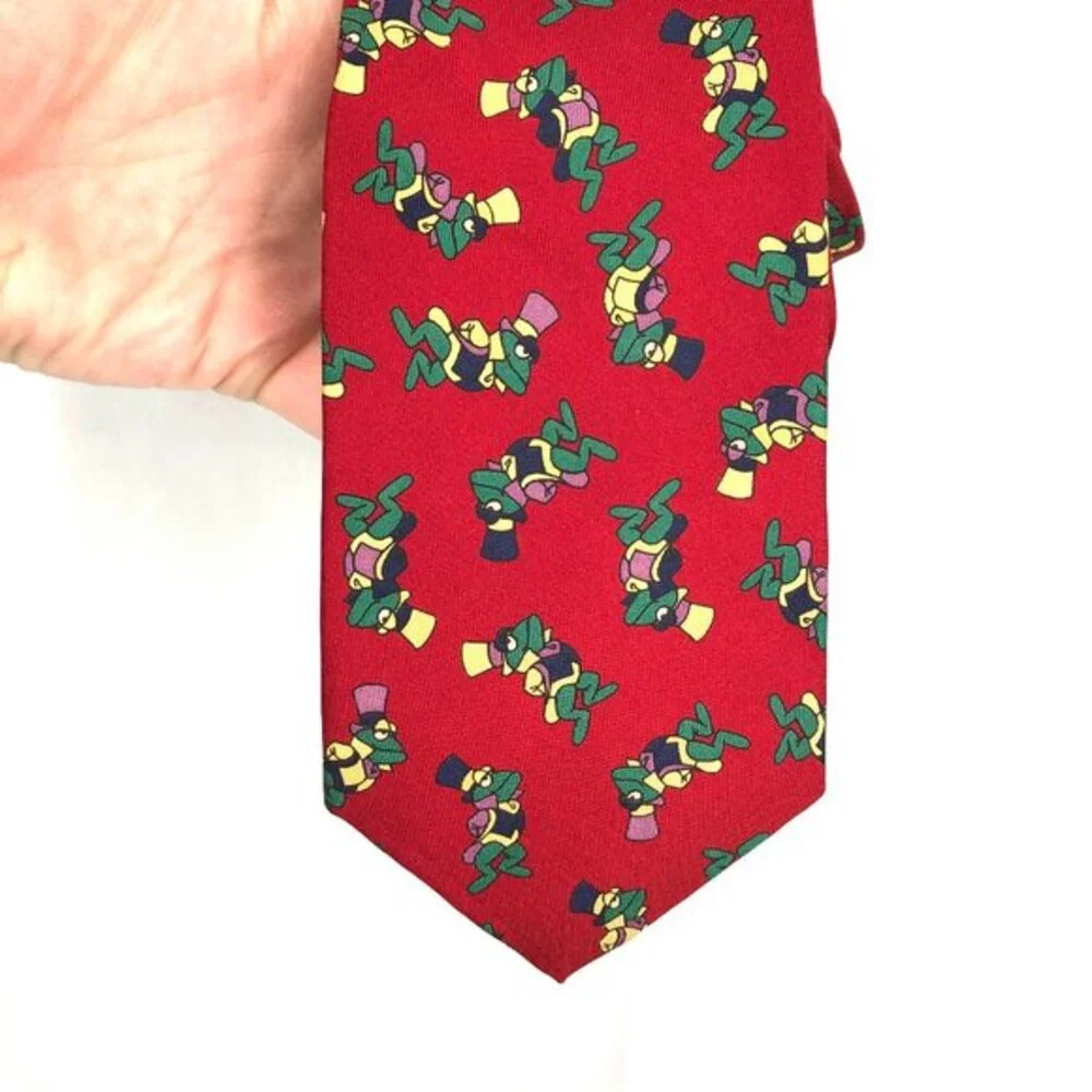 vintageVAN LOREN Italy Italian 100% Silk Tie Red fancy Frog‎ Tails & Top Hat